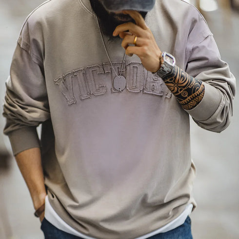 Vintage Gradient Letter Patch Hoodie – Washed Loose Fit Round Neck Casual Top
